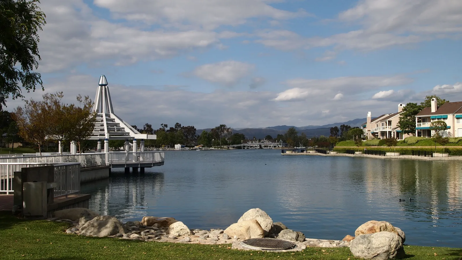North Lake in Woodbridge, Irvine, with a lakeside pavilion and homes.